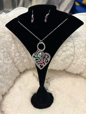 Silver Filigree Heart Necklace with Pink and Teal Bead Charms